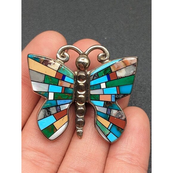 Melvin Cleveland Navajo Stone Inlay Butterfly Sterling Silver Brooch Pin Pendant - Picture 9 of 12